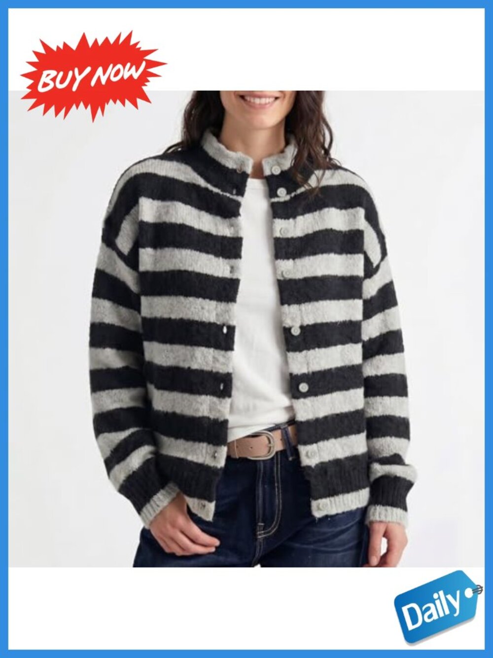 Women's Striped Button Down Cardigan Long Sleeve Knit Sweater - Picture 3 of 6